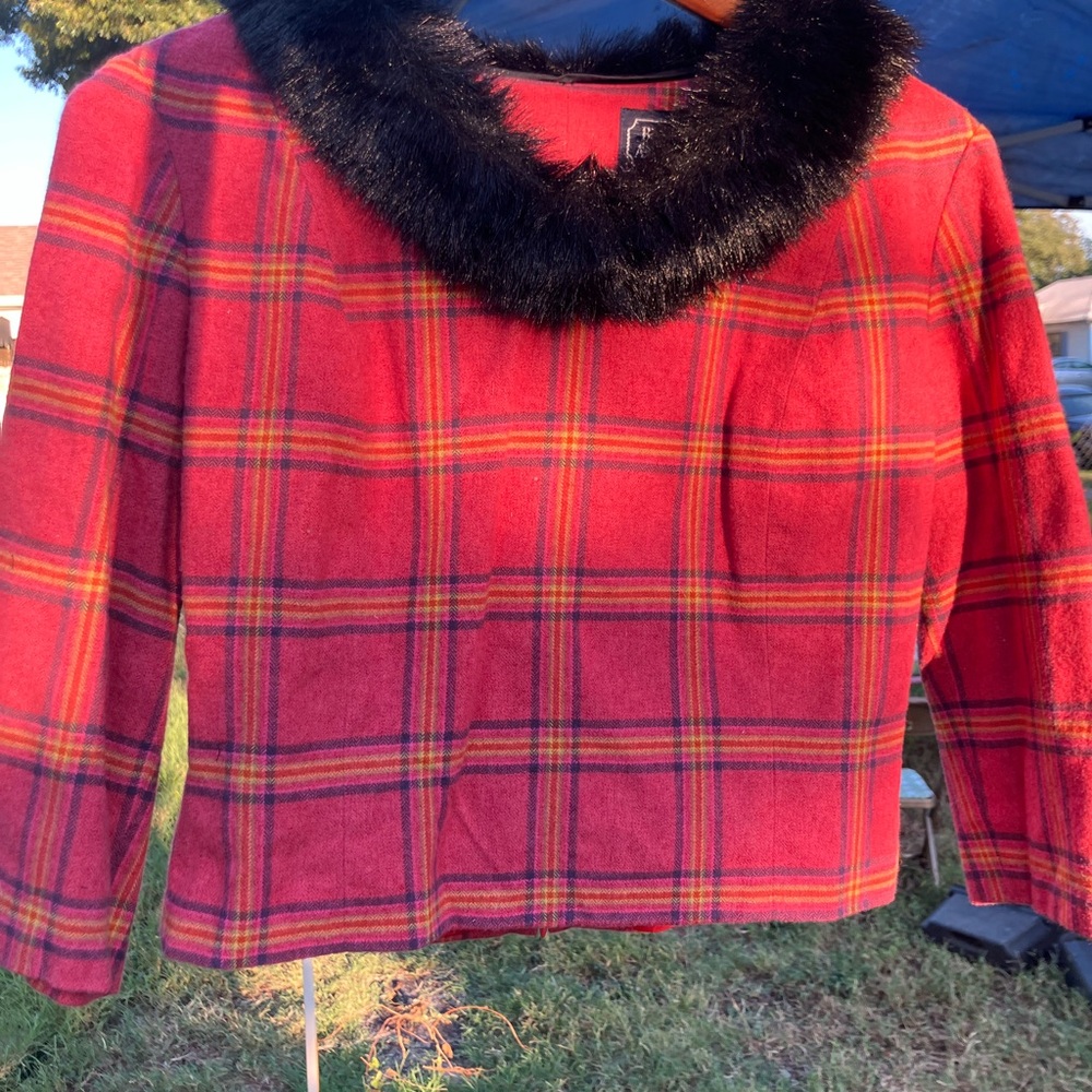Red Plaid Top with Faux Fur Collar